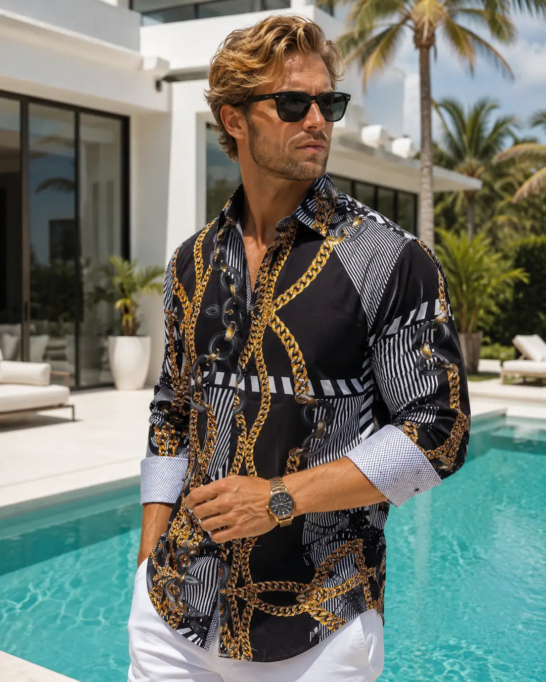 Various Chains Print Black Button Up Long Sleeve Dress Shirt Black / LG