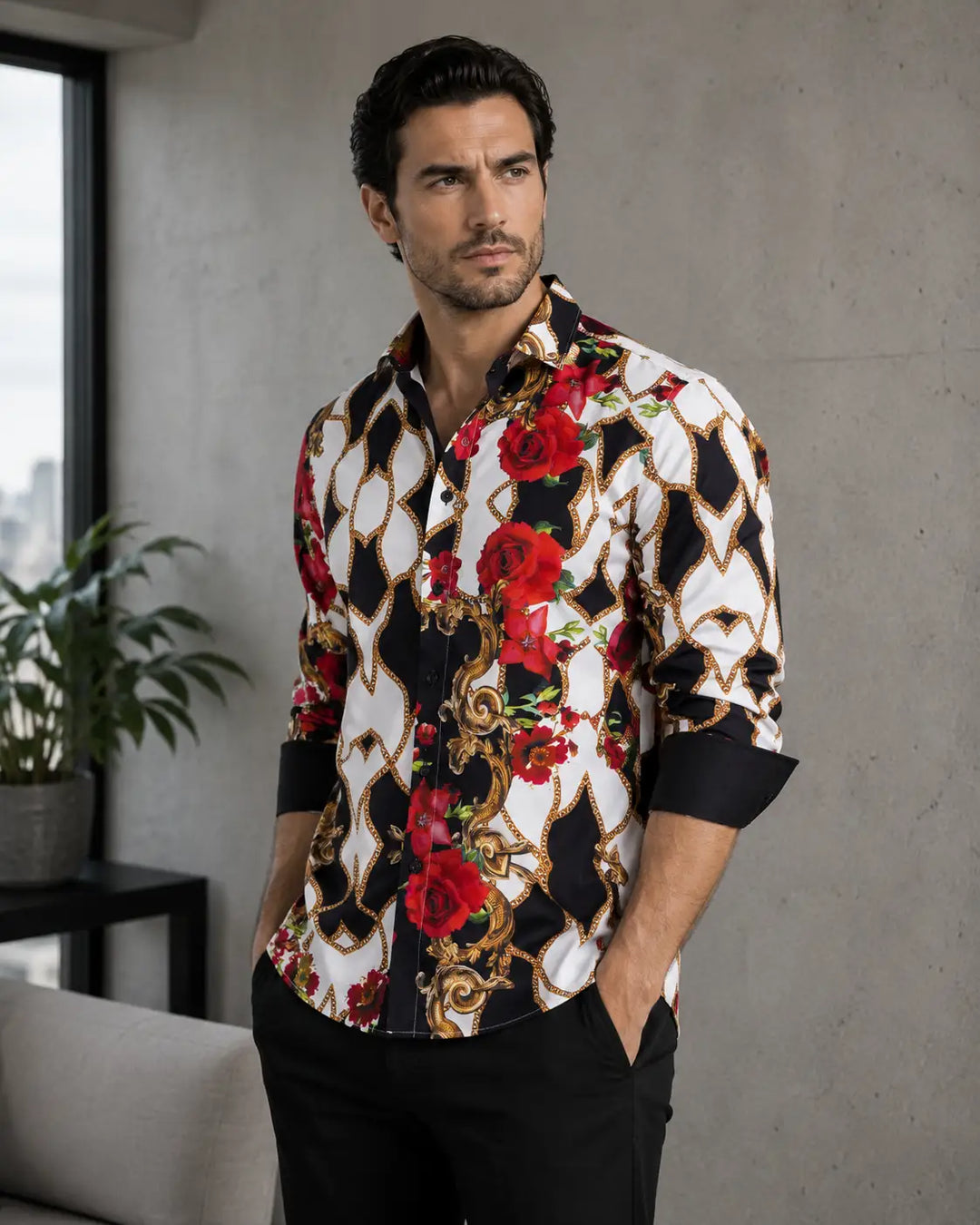 Chains and Roses Button Up Long Sleeve Dress Shirt Black / SM