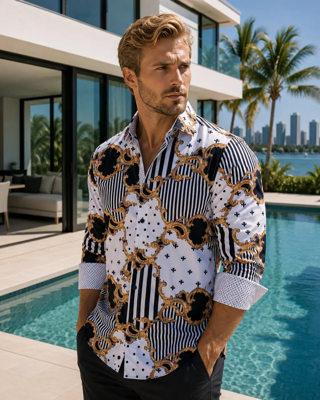 Mixed Print Baroque Motif Long Sleeve Dress Shirt White
