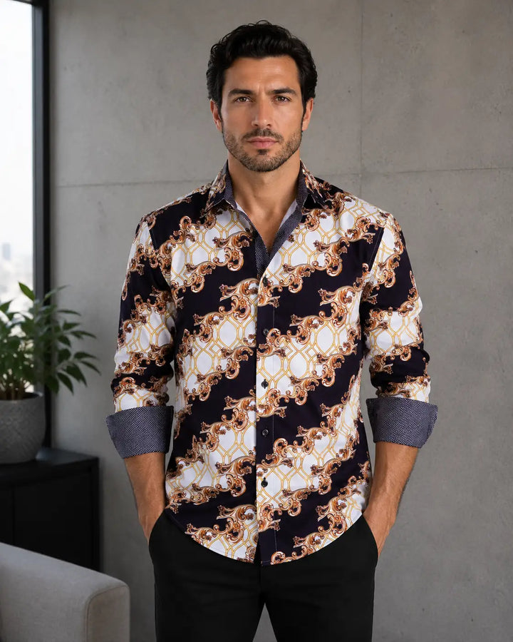 Vintage Diagonal Pattern Long Sleeve Dress Shirt Black