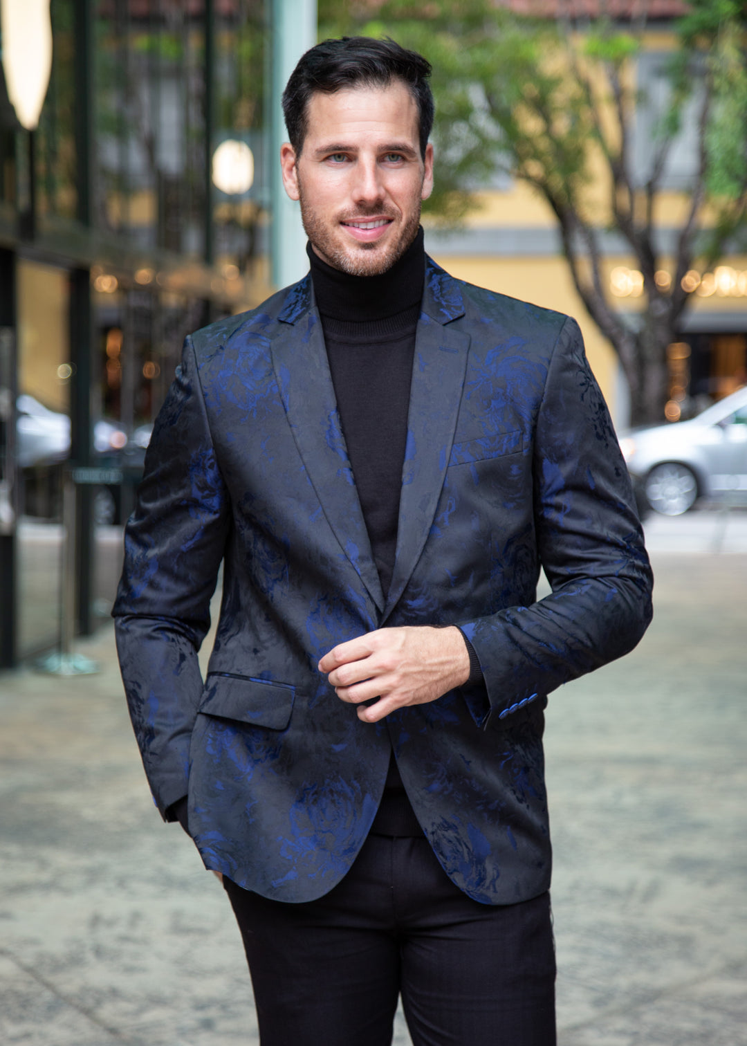 Brocade Jacquard Floral Satin Evening Jacket Navy