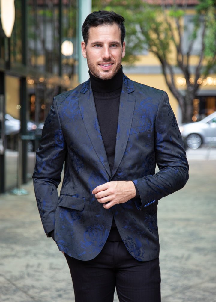 Brocade Jacquard Floral Satin Evening Jacket Navy