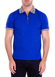 Greek Key Trim Zipper Polo Shirt Solid Royal