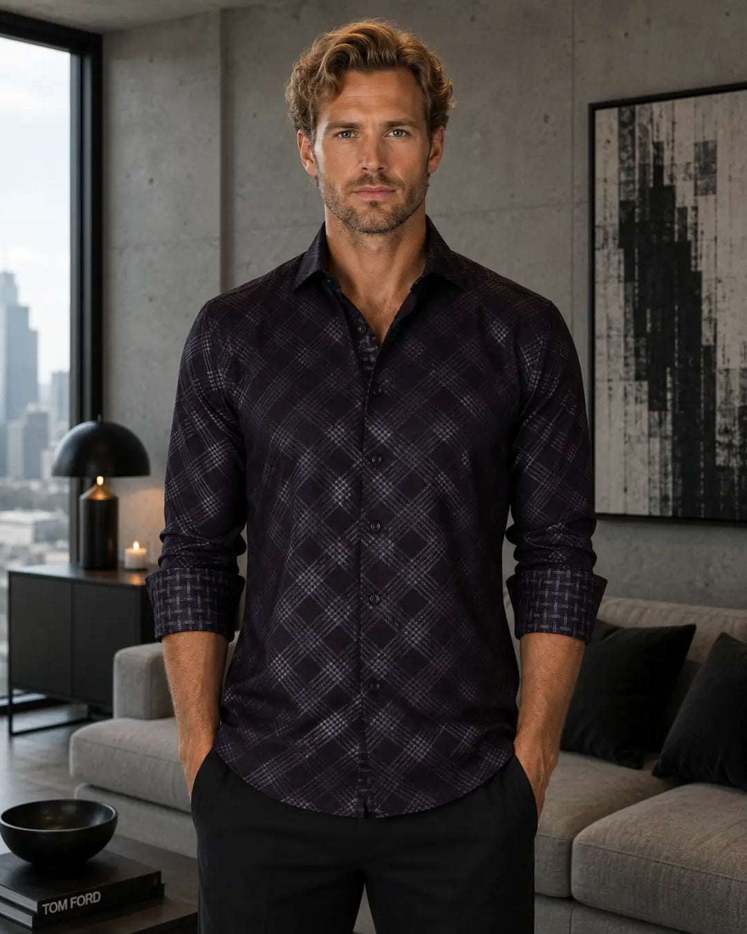 BeSpoke Mens Fancy Print Long Sleeve-Black 4XLarge / Black