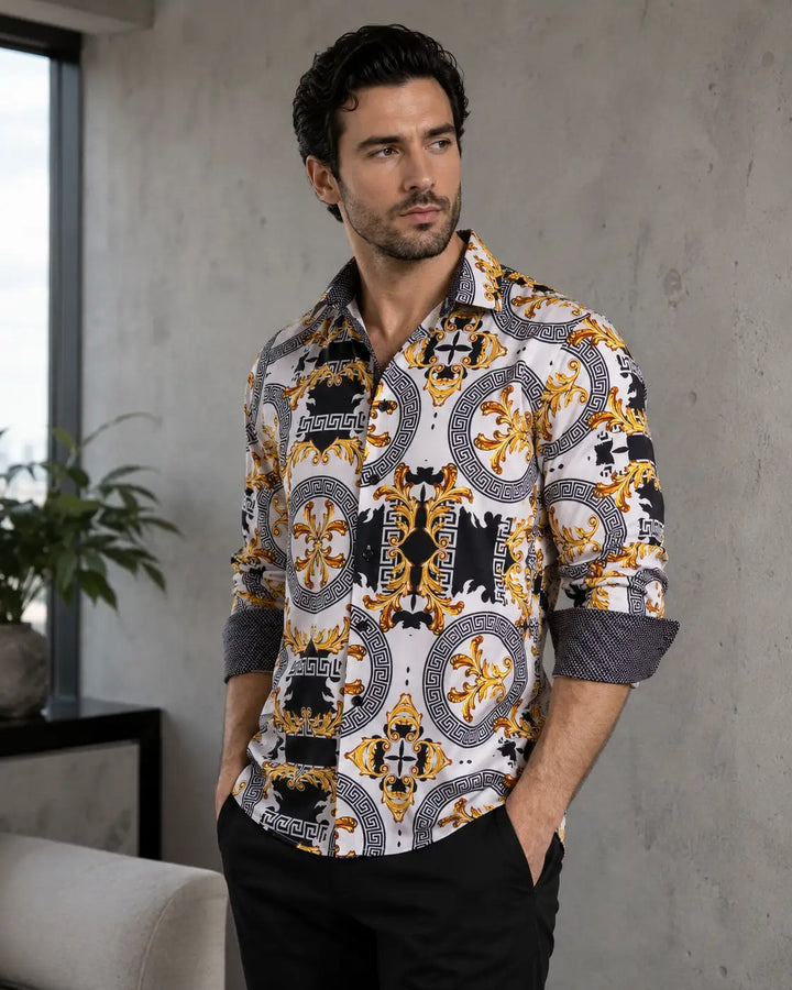 Gold Flourish Geo Contrast Print White Button Up Long Sleeve Dress Shirt