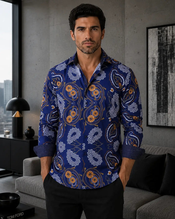 Gold Medallions & Paisley Geo Print Navy Button Up Long Sleeve Dress Shirt