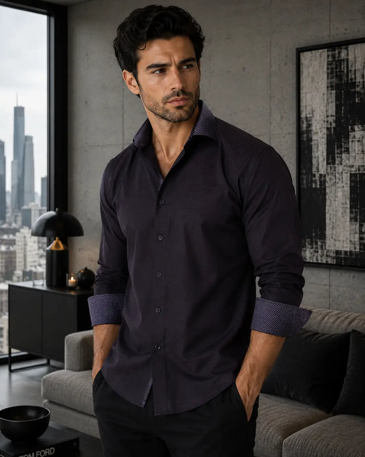 Windowpane Texture Solid Black Button Up Long Sleeve Dress Shirt
