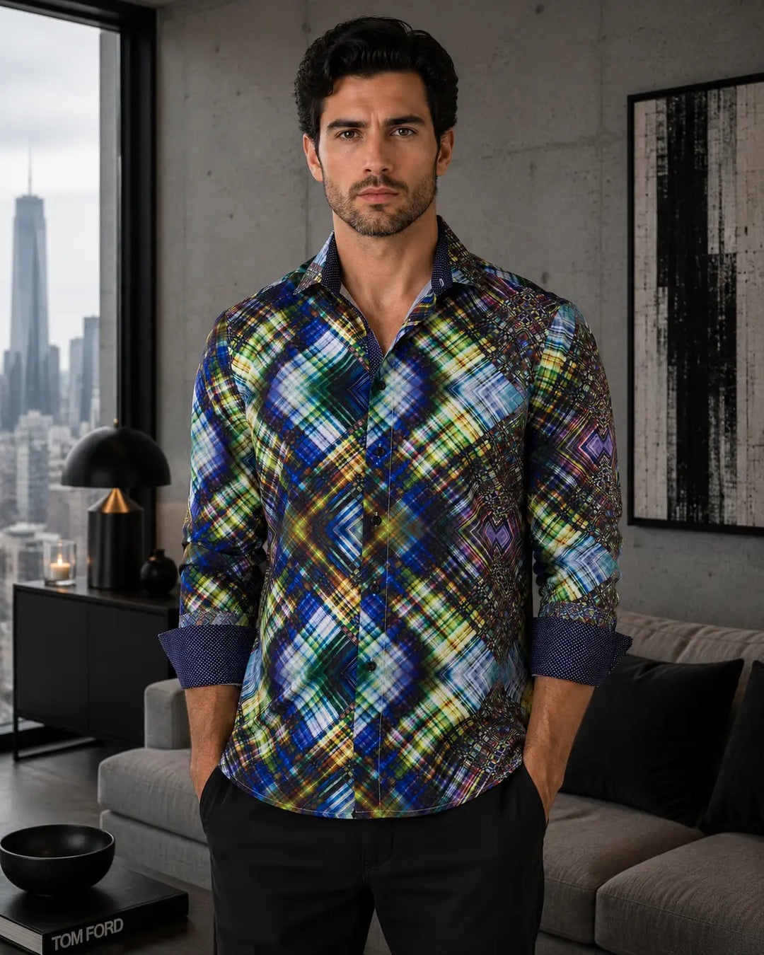 Vibrant Multicolored Prism Print Green Button Up Long Sleeve Dress Shirt