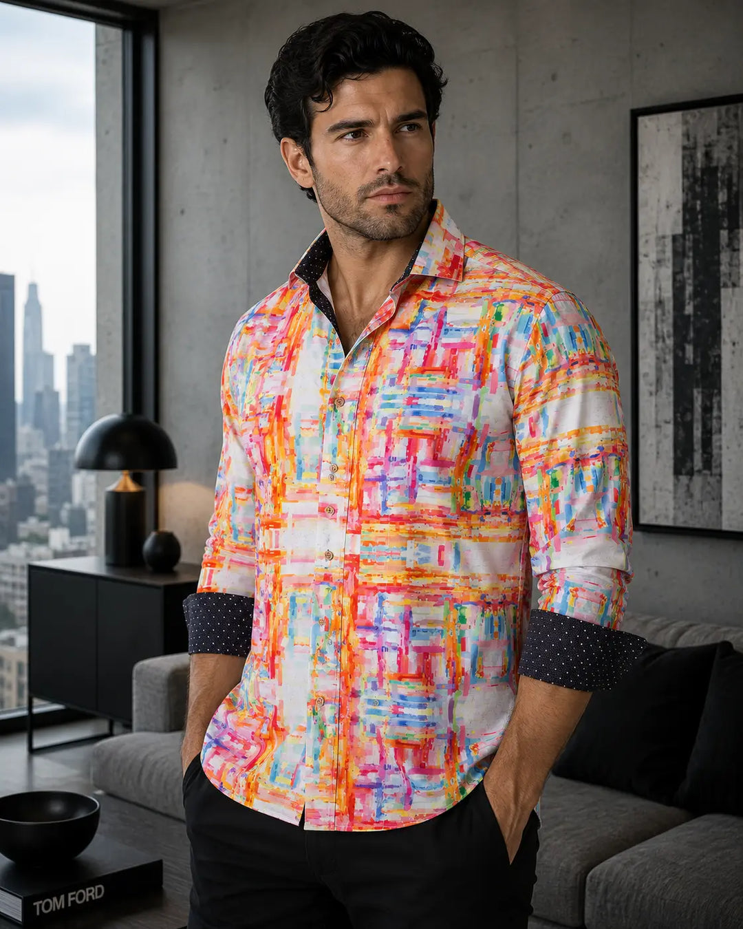 Vibrant Watercolor Abstract Printed White Button Up Long Sleeve Dress Shirt
