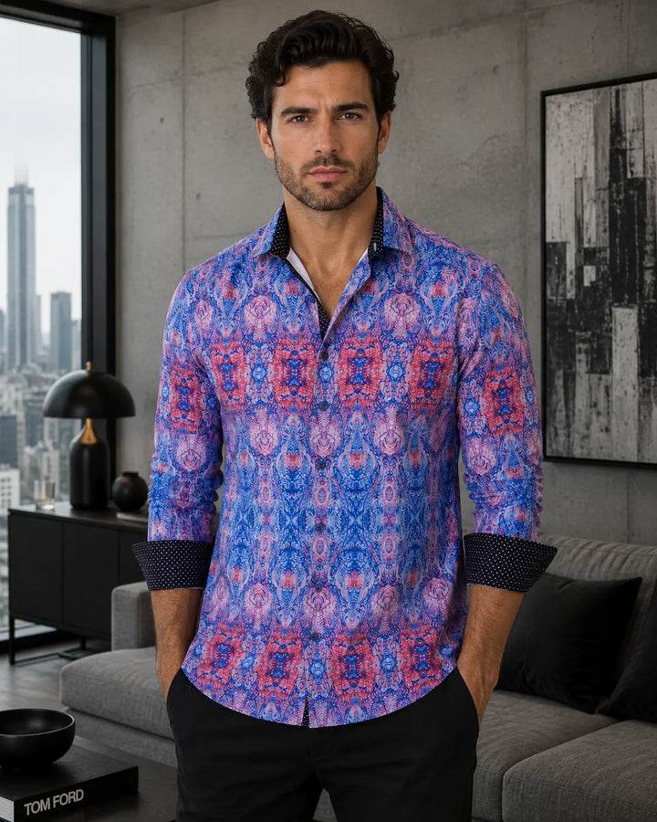 Psychedelic Kaleidoscope Print Blue Button Up Long Sleeve Dress Shirt