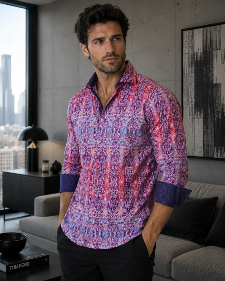 Kaleidoscope Print Red Button Up Long Sleeve Dress Shirt