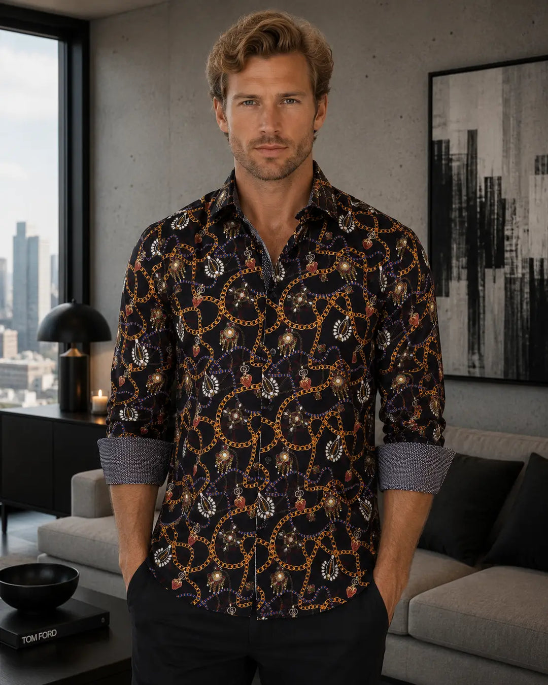 Baroque Chain and Jewel Long Sleeve Dress Shirt Black