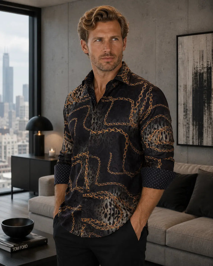 Cheetah & Chain Silk Texture Long Sleeve Dress Shirt Black