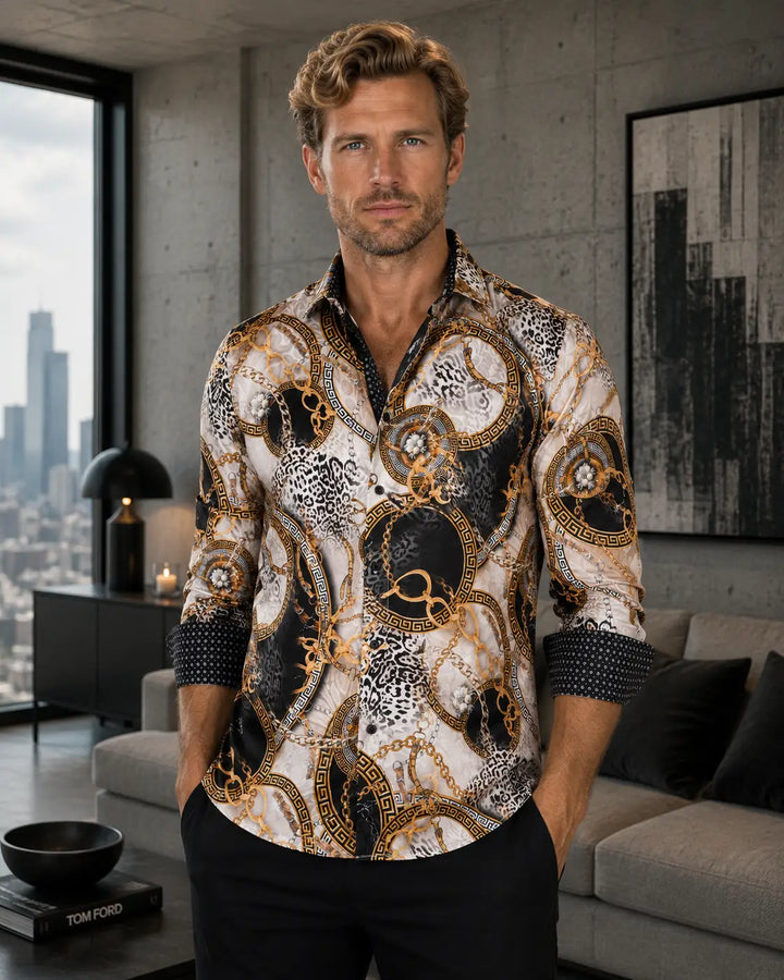 Cheetah & Chain Silk Texture Long Sleeve Dress Shirt White