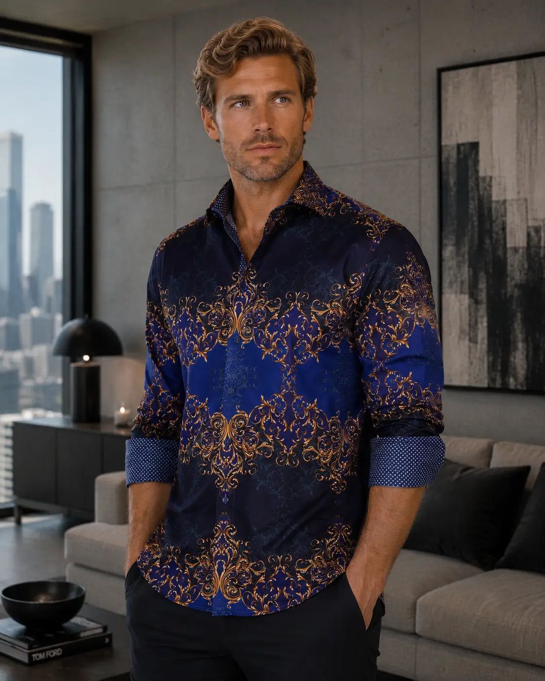 Blue Damask Print Long Sleeve Dress Shirt