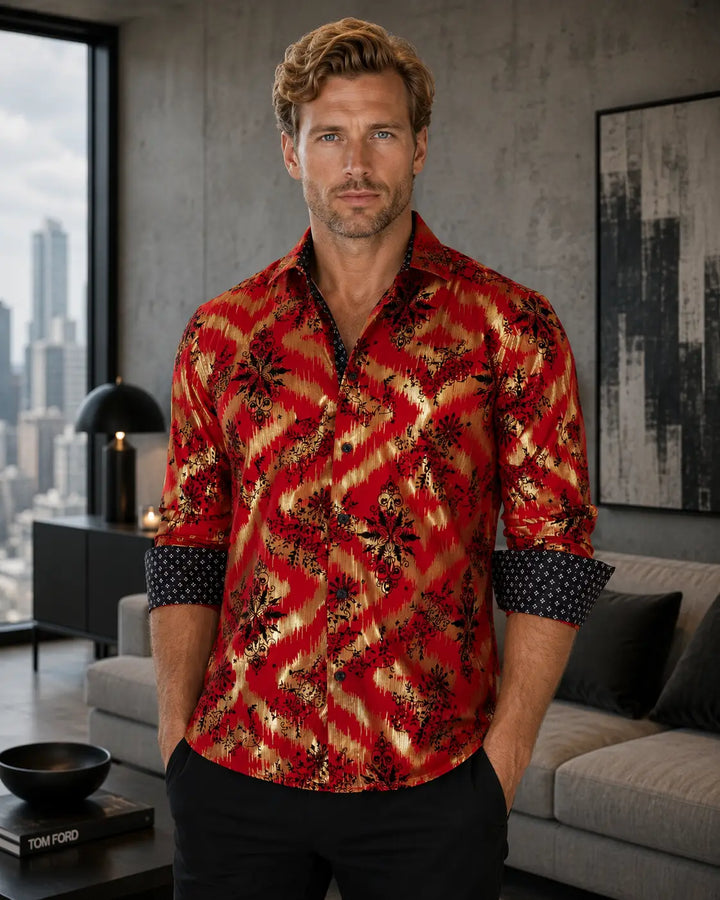 Gold Leaf Foil Velvet Accent Long Sleeve Dress Shirt Red
