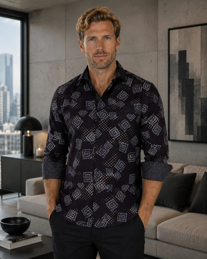 Wild Greek Key Long Sleeve Dress Shirt Black