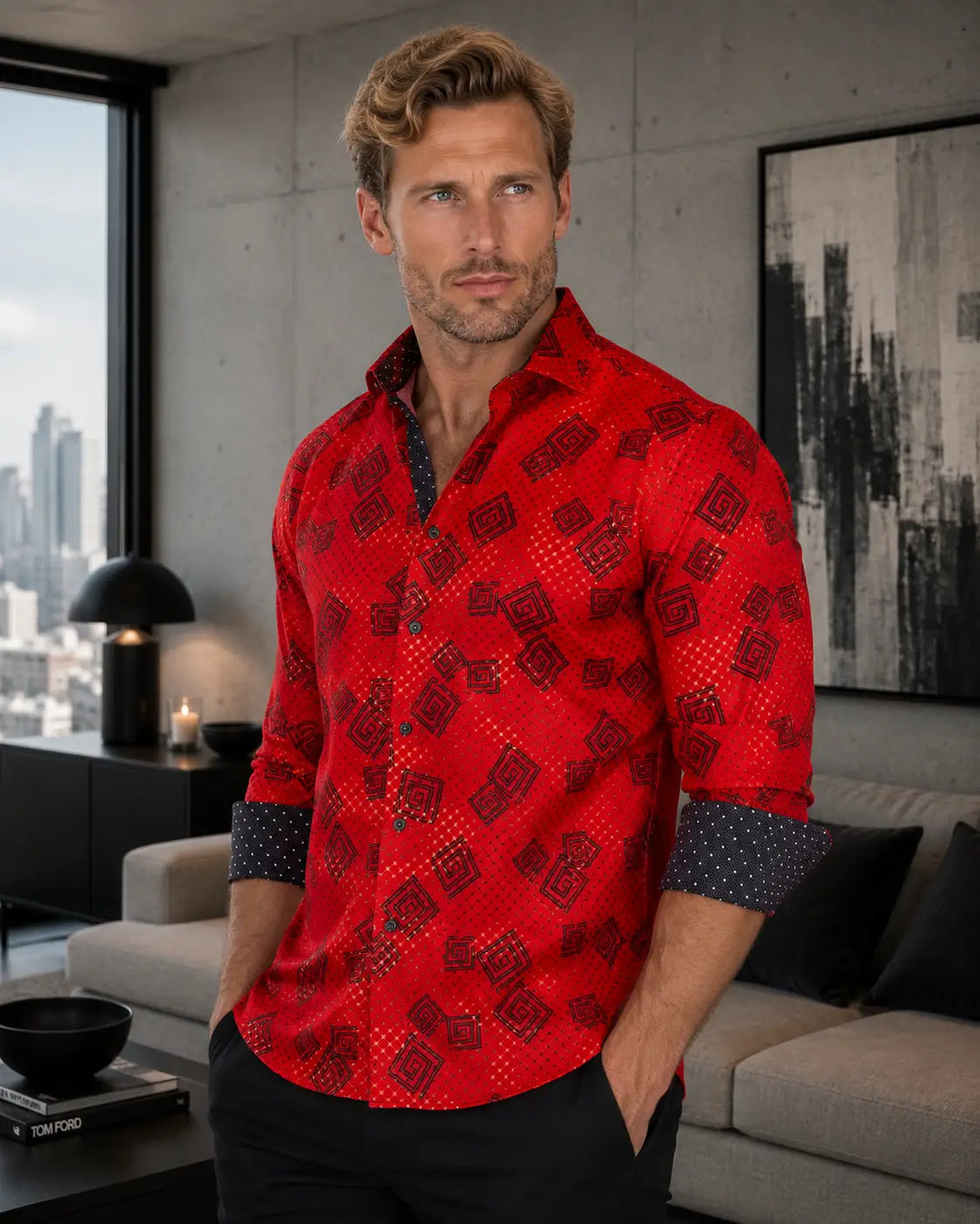 Wild Greek Key Long Sleeve Dress Shirt Red
