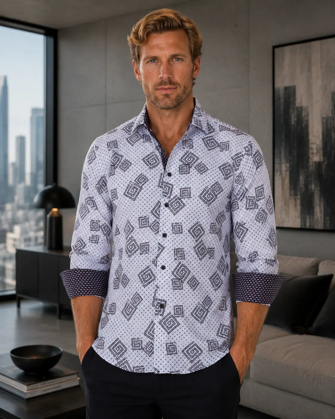 Wild Greek Key Long Sleeve Dress Shirt White