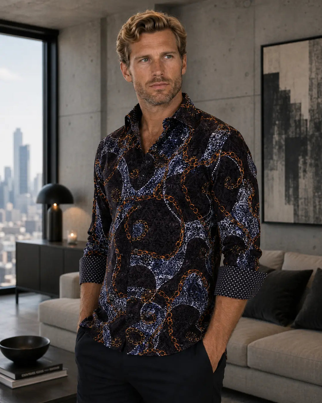 Mixed Print Velvet Texture Long Sleeve Dress Shirt Black