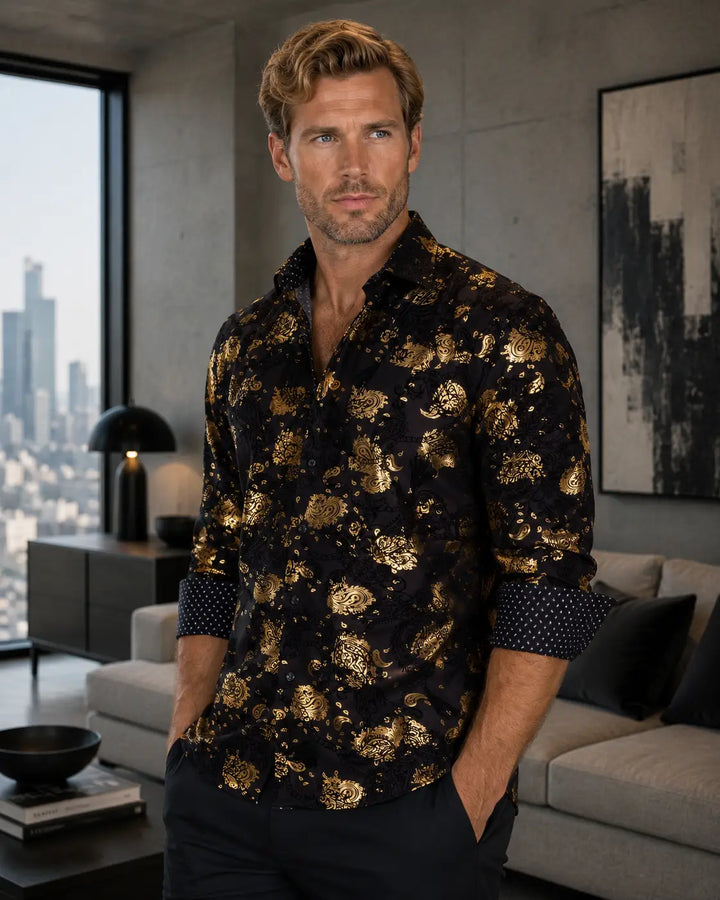 Baroque Mixed Pattern Velvet Texture Long Sleeve Dress Shirt Black
