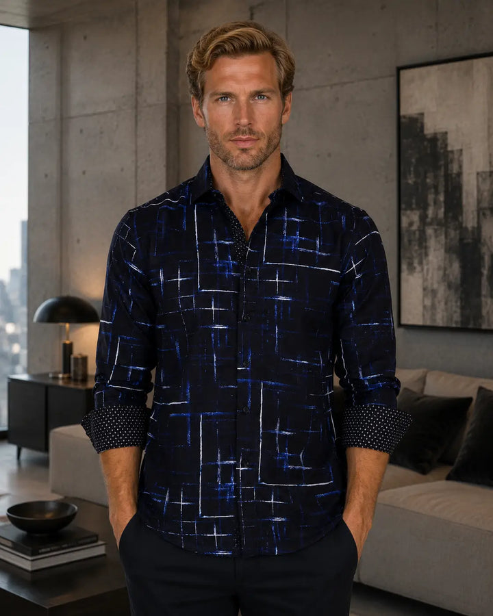 Painted Lines Long Sleeve Dress Shirt Black