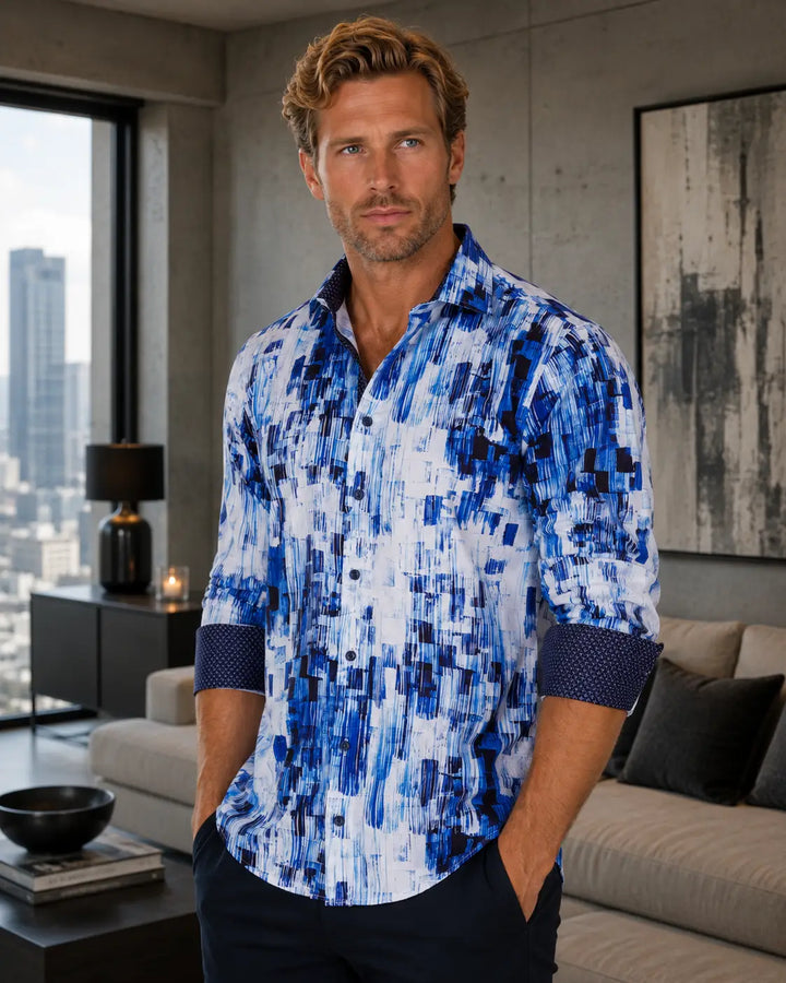 Blue Brush Strokes Long Sleeve Dress Shirt