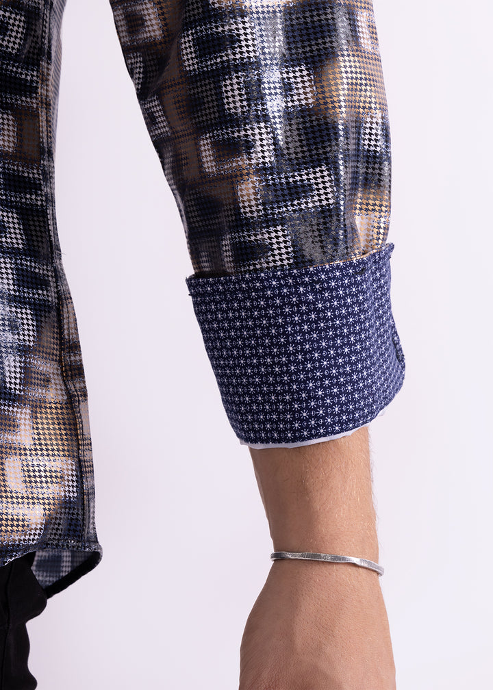 Shiny Geo Print Long Sleeve Dress Shirt Navy