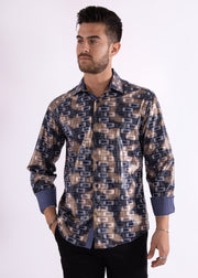 Shiny Geo Print Long Sleeve Dress Shirt Navy