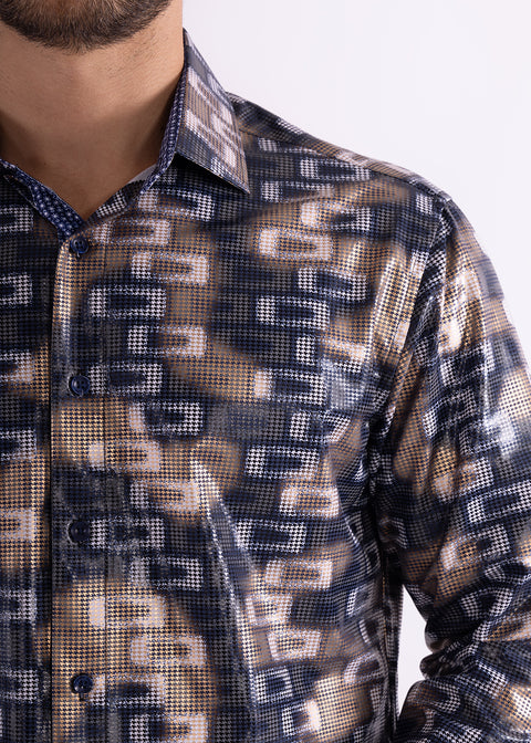 Shiny Geo Print Long Sleeve Dress Shirt Navy
