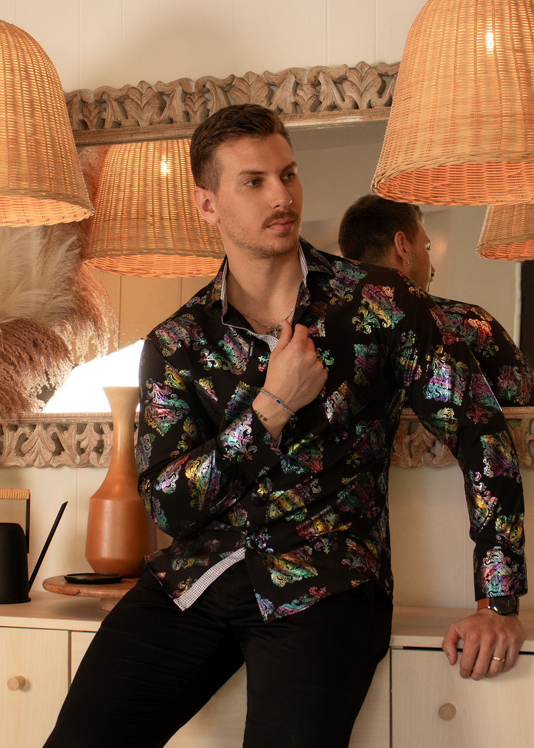 iridescent dress shirt Iridescent Fleur Long Sleeve Dress Shirt Black / 4X