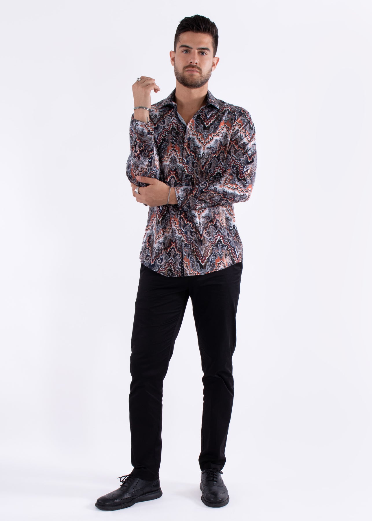 Multicolor Autumn Print Long Sleeve Dress Shirt NAVY / 3X Multicolor Autumn Print Long Sleeve Dress Shirt NAVY / 3X