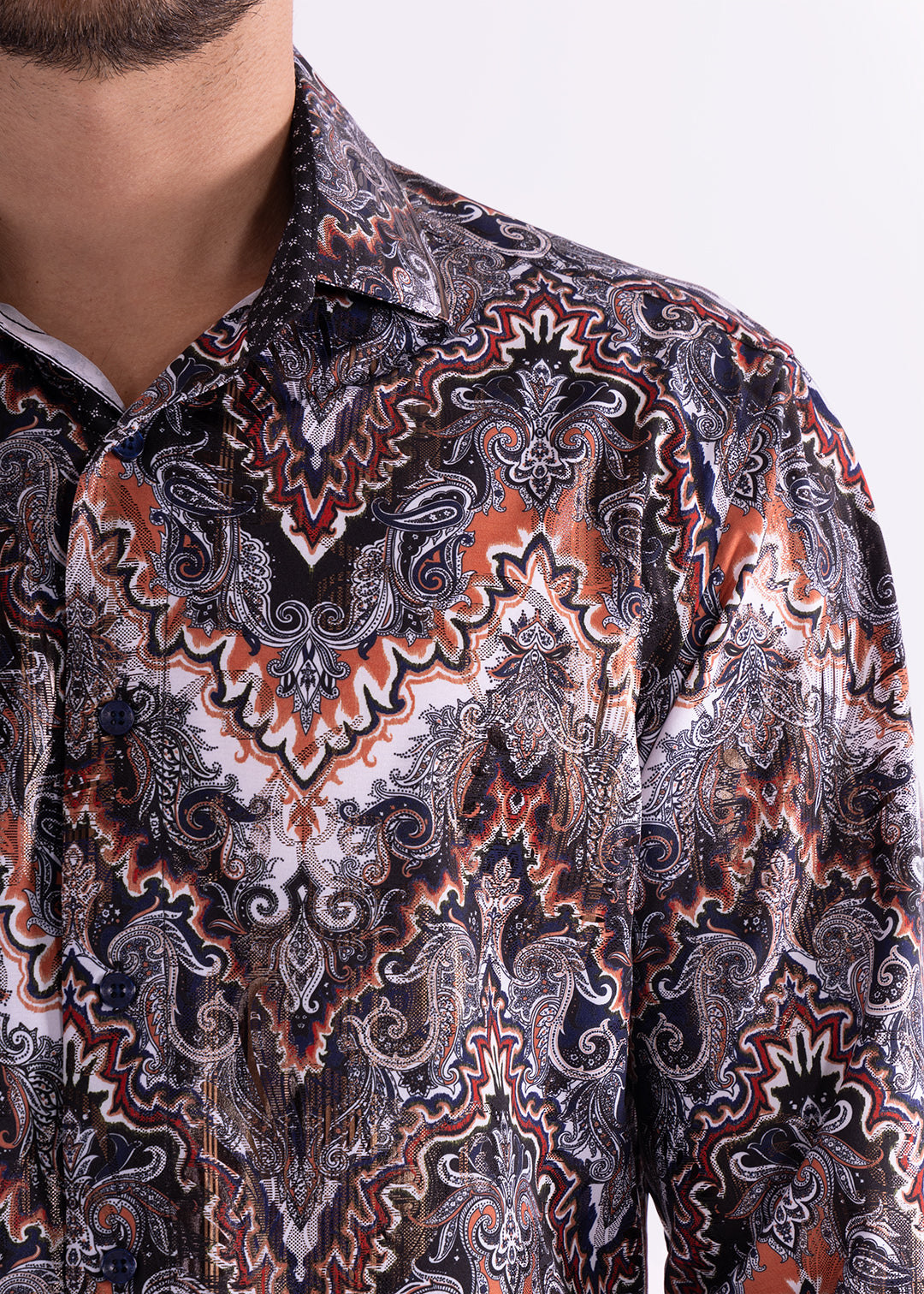 Multicolor Autumn Print Long Sleeve Dress Shirt NAVY / 3X Multicolor Autumn Print Long Sleeve Dress Shirt NAVY / 3X