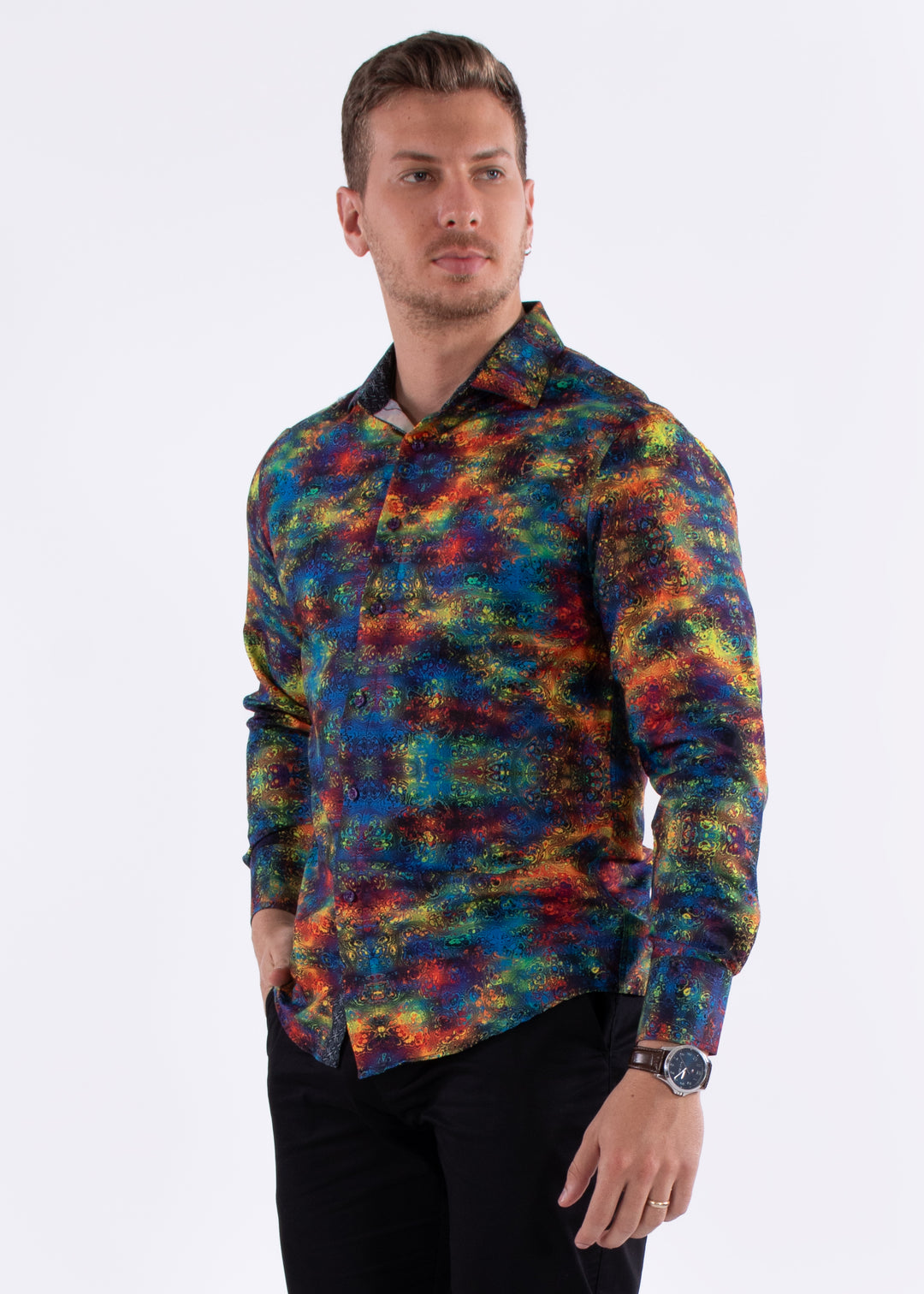 Multicolor Patterned Long Sleeve Dress Shirt BLUE / SM Multicolor Patterned Long Sleeve Dress Shirt BLUE / SM