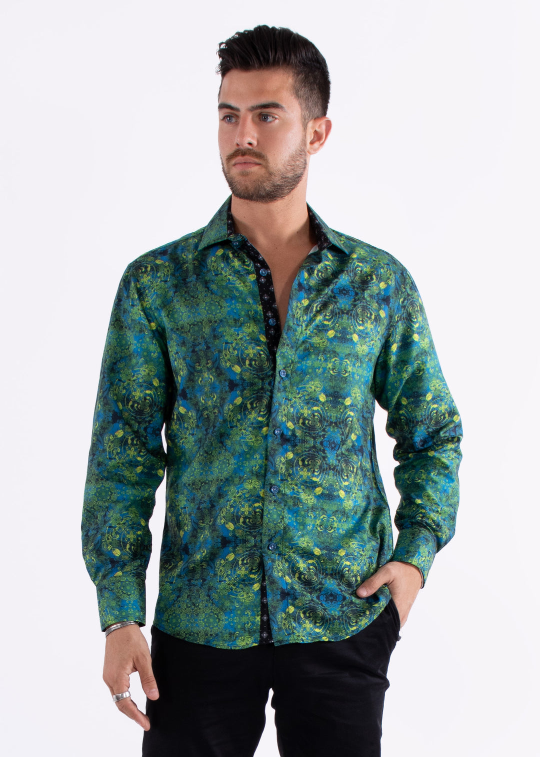 Mandala Effect Green Long Sleeve Dress Shirt