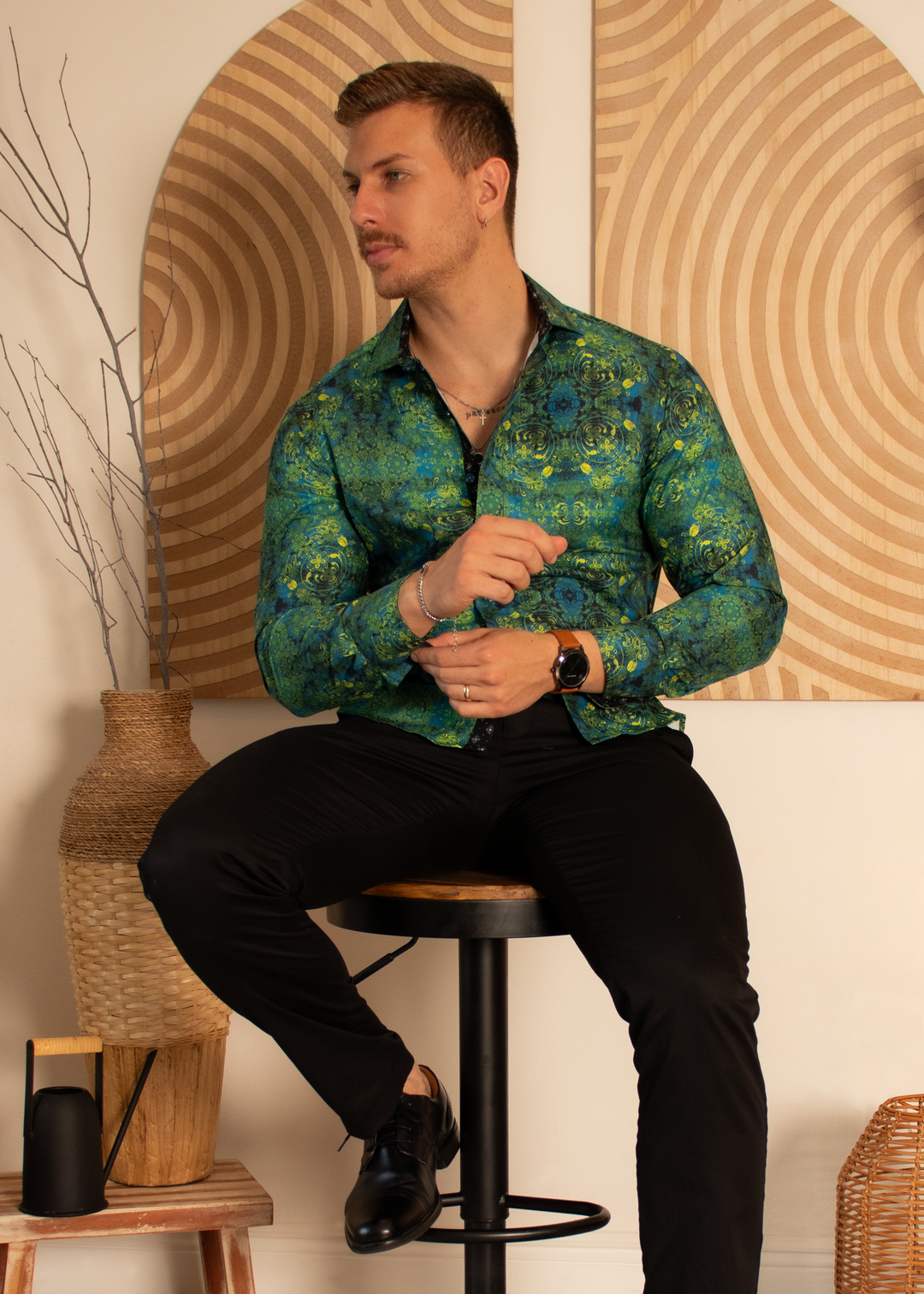 Mandala Effect Green Long Sleeve Dress Shirt