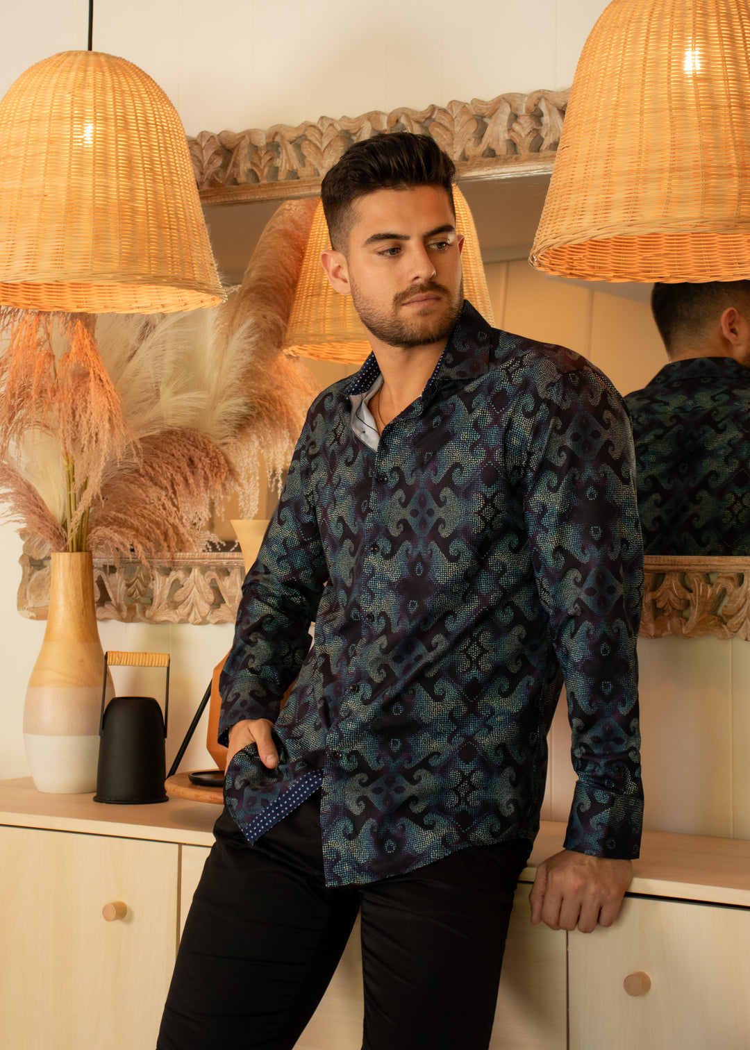 Navy & Green Patterned Long Sleeve Dress Shirt by BESPOKE MODA Navy & Green Patterned Long Sleeve Dress Shirt by BESPOKE MODA