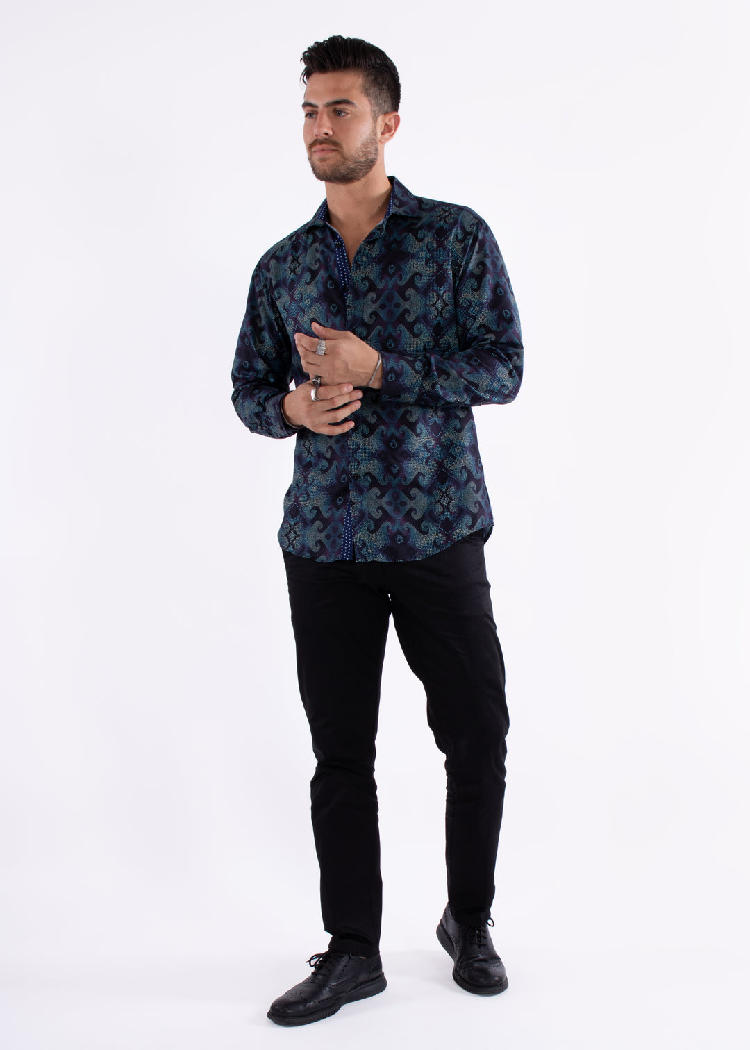 Navy & Green Patterned Long Sleeve Dress Shirt by BESPOKE MODA Navy & Green Patterned Long Sleeve Dress Shirt by BESPOKE MODA