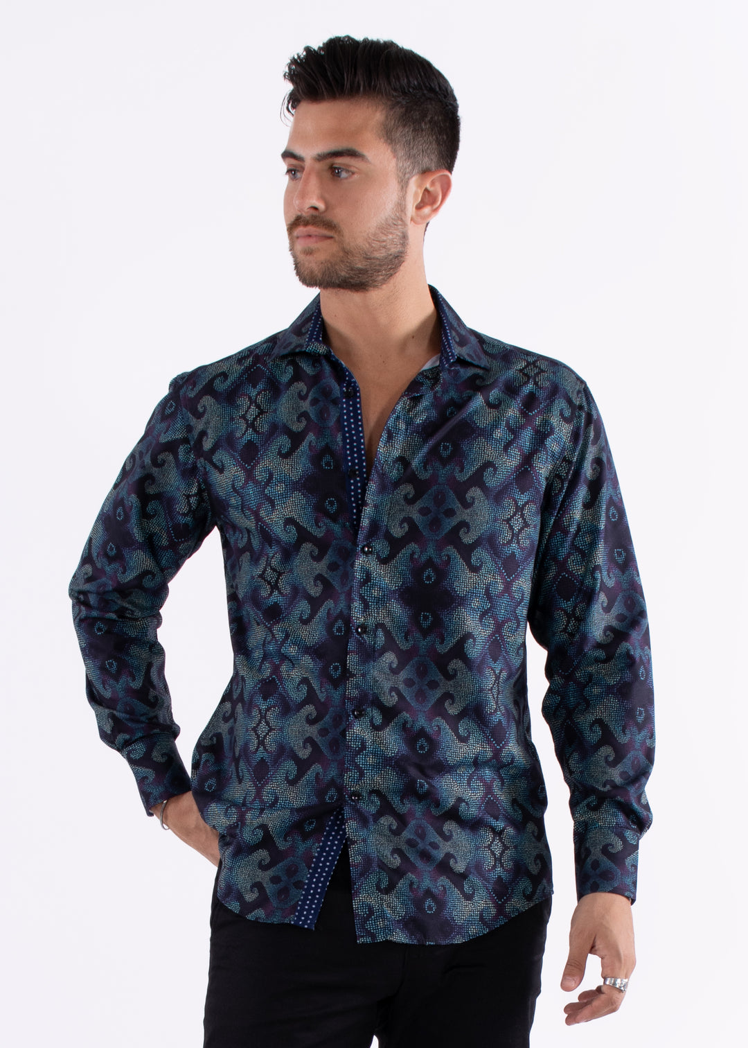 Navy & Green Patterned Long Sleeve Dress Shirt by BESPOKE MODA Navy & Green Patterned Long Sleeve Dress Shirt by BESPOKE MODA