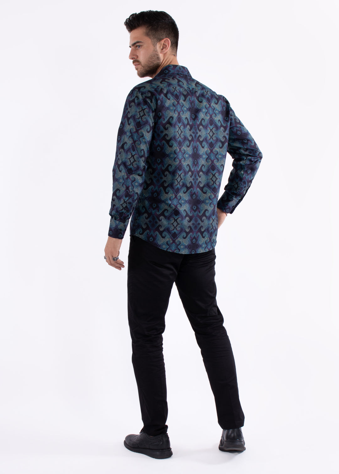 Navy & Green Patterned Long Sleeve Dress Shirt by BESPOKE MODA Navy & Green Patterned Long Sleeve Dress Shirt by BESPOKE MODA