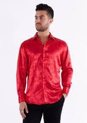 Greek Key Long Sleeve Dress Shirt Red Shine