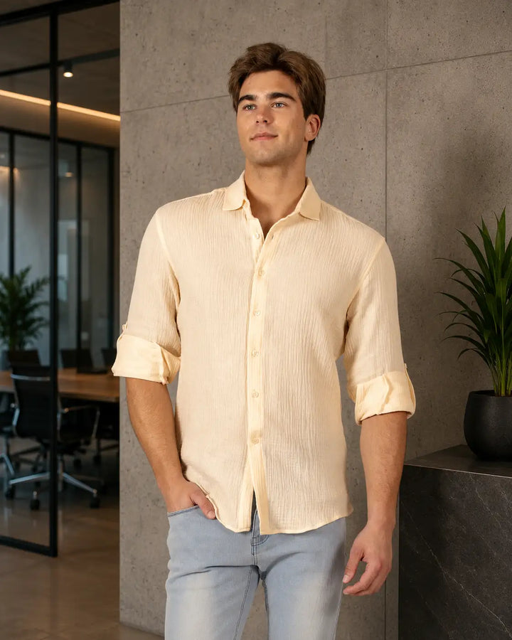 Cotton Texture Button Up Long Sleeve Dress Shirt