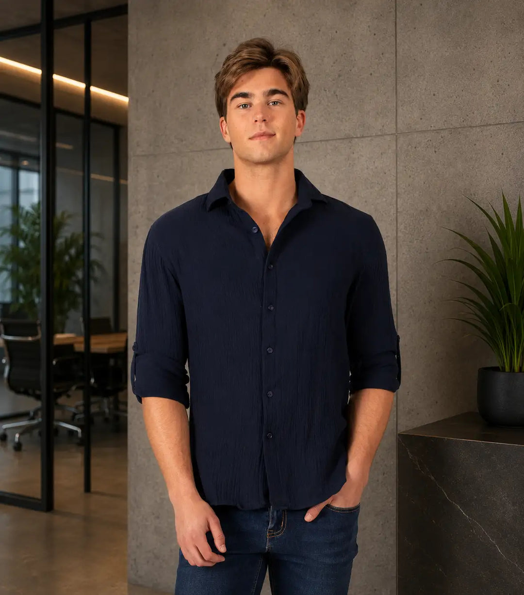Cotton Texture Button Up Long Sleeve Dress Shirt