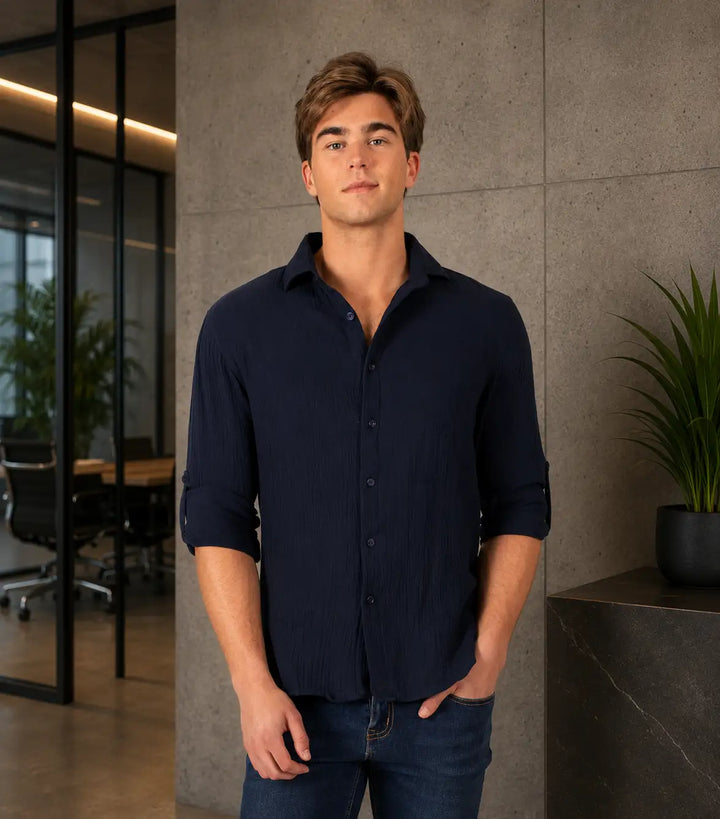 Cotton Texture Button Up Long Sleeve Dress Shirt
