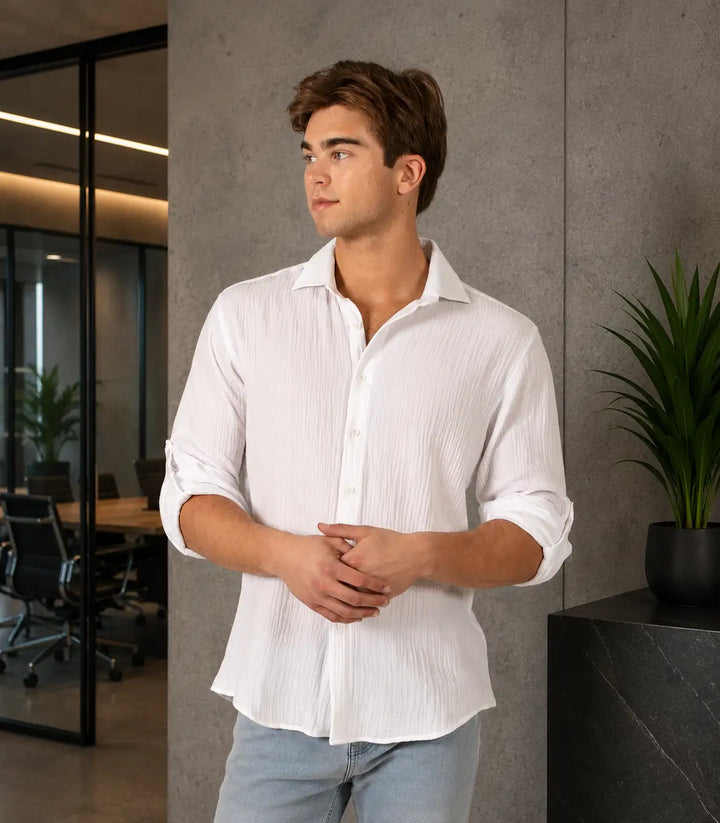 Cotton Texture Button Up Long Sleeve Dress Shirt