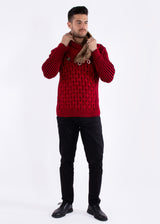 High-Neck Fur Lined Pullover Sweater Red