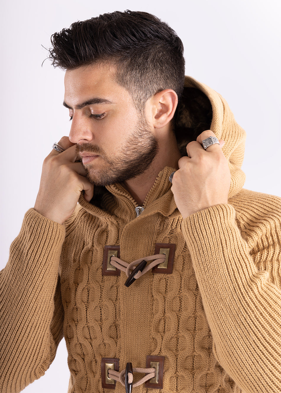 Full Zip Cable Knit Fur Hood Sweater Beige