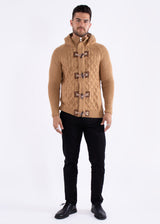 Full Zip Cable Knit Fur Hood Sweater Beige