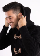 Full Zip Cable Knit Fur Hood Sweater Black