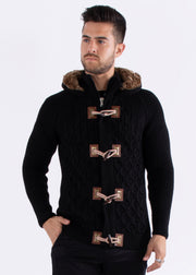 Full Zip Cable Knit Fur Hood Sweater Black